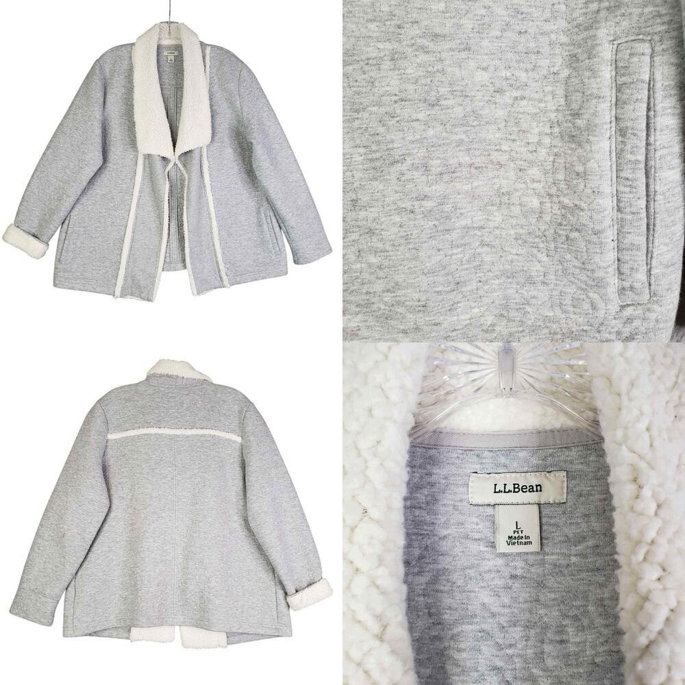 LL Bean Sweatshirt Cardigan Coatigan Women’s Size Large L Sherpa Trim Gray